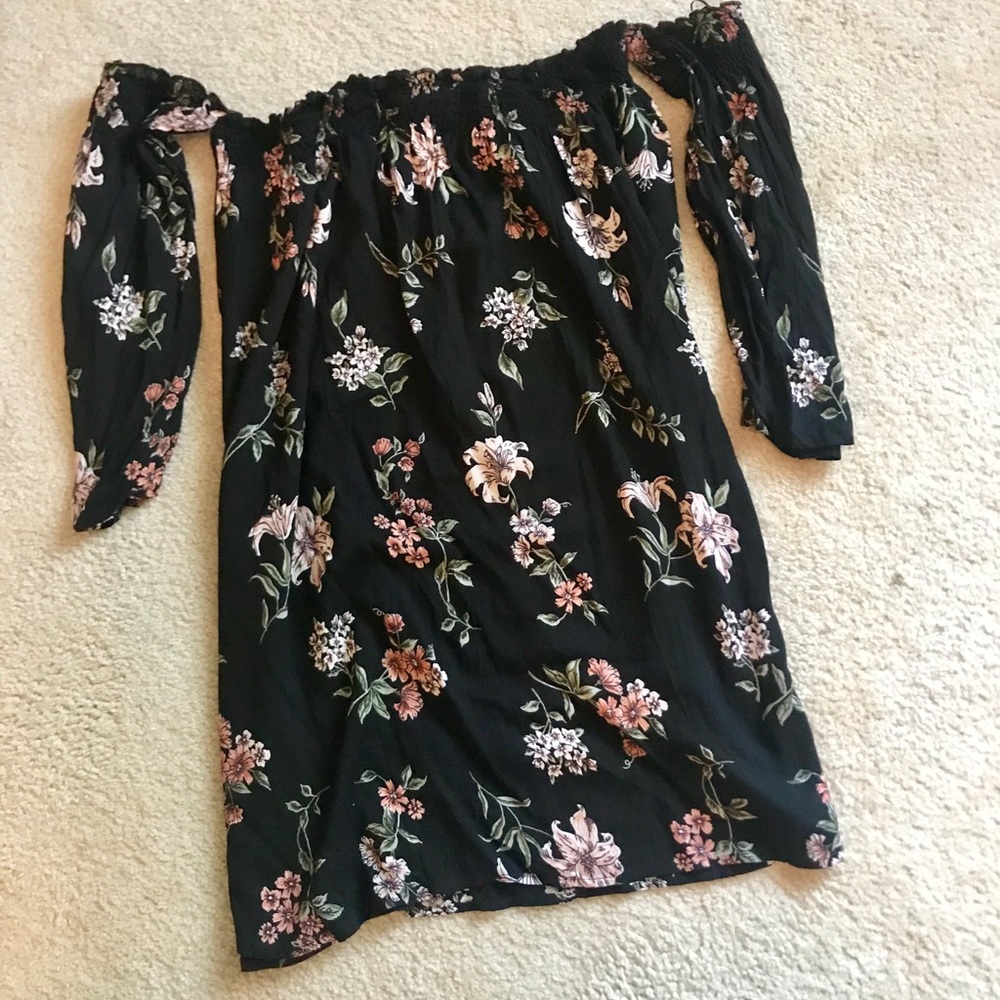 Off the shoulder black floral shift dress